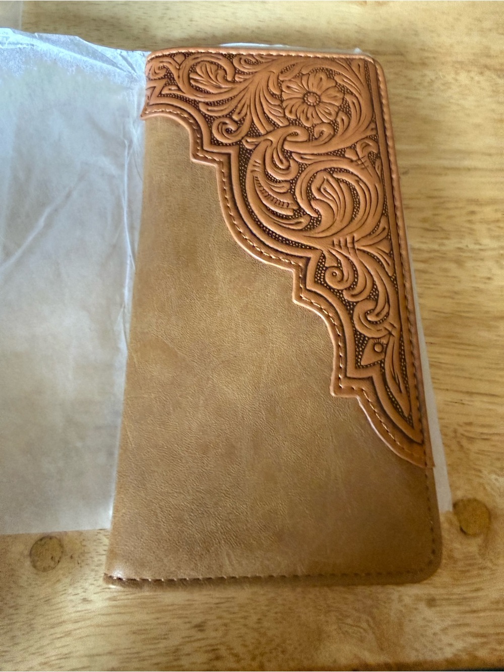 Tan PU Leather Card & Key Holder with Embossed Floral Corner